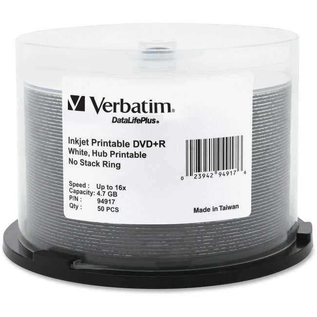 VERBATIM AMERICAS LLC, Disc, Dvd+R, 4.7Gb, 16X, Wht Ij Hub Printabledatalifeplus, 50/Pk