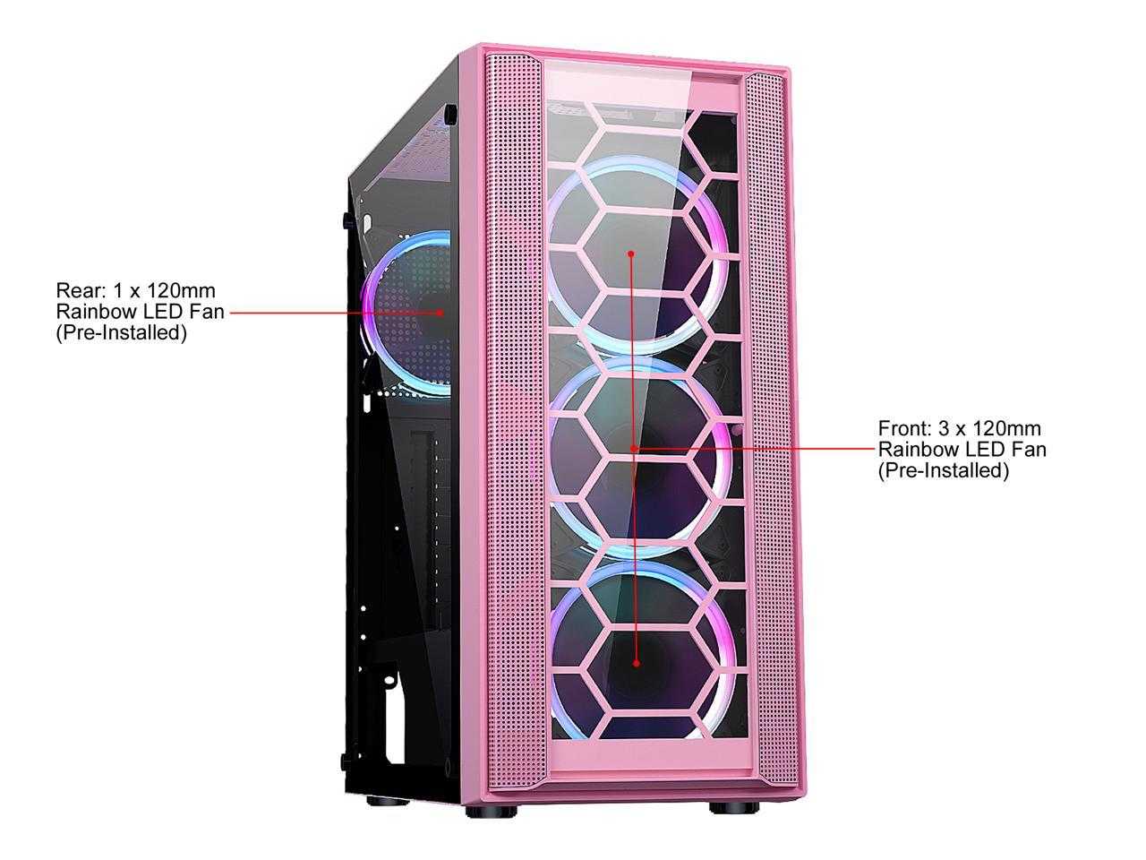DIYPC, Diypc Rainbow-Flash-F4-P Pink Usb 3.0 Steel / Tempered Glass Atx Mid Tower Computer Case, 4 X 120Mm Autoflow Rainbow Led Fans (Pre-Installed)