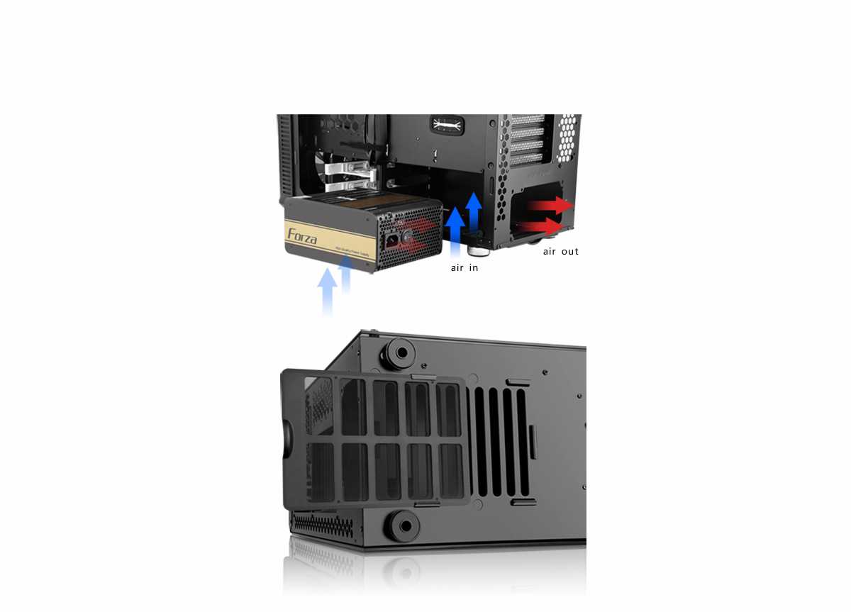 Bottom of the DIYPC Vanguard-RGB Case showing a PSU, blue arrows showing cold air going and red arrows showing hot air going out. Below this image is the case lying down facing to the left showing off its bottom dust filter