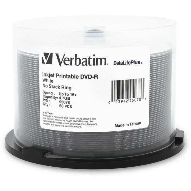VERBATIM AMERICAS LLC, Dvd-R 4.7Gb 16X Datalifeplus, White Inkjet Printable 50Pk Spindle