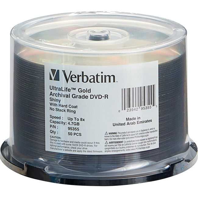 Verbatim America, LLC, Dvd-R 4.7Gb 8X Ultralife Gold Archival Grade With Branded Surface And Hard Coat - 50Pk Spindle
